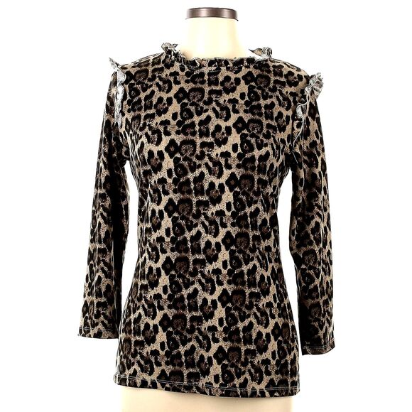 Hayden Tops - HAYDEN Top Women L Brown Leopard Animal Print 3/4 Slv Ruffle Neck Blouse NWOT